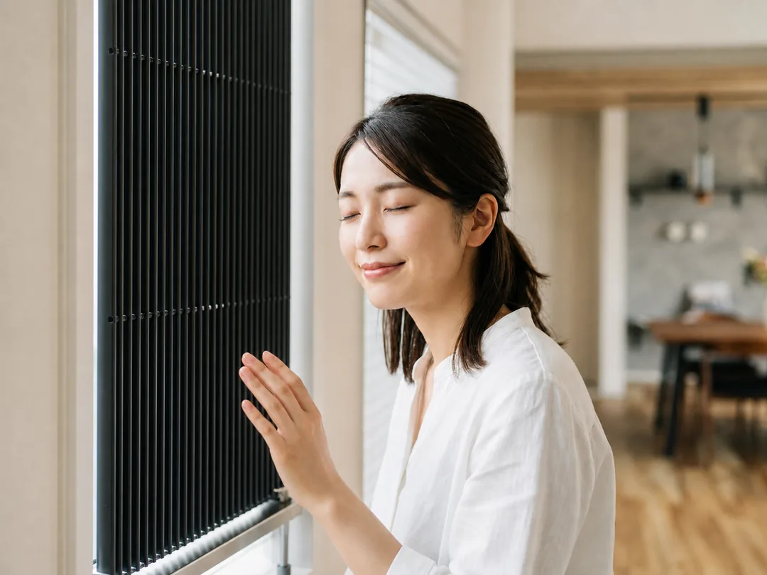 クール暖のパネルに手を添えてくつろぐ女性